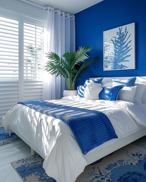 Ocean Blue Bedroom Walls, Bedroom Blue Walls Aesthetic, Blue Ocean Bedroom Aesthetic, White Bedroom Design, Peaceful Bedroom, Minimal Furniture, Interior Modern, Blue Bedroom, White Bedroom