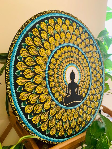 Buddha Dot Painting, Buddha Dot Mandala Art, Dotted Mandala, Dot Mandala Art, Buddha Mandala, Birthday Board Classroom, Board Classroom, Mandala Dot Art, Lippan Art