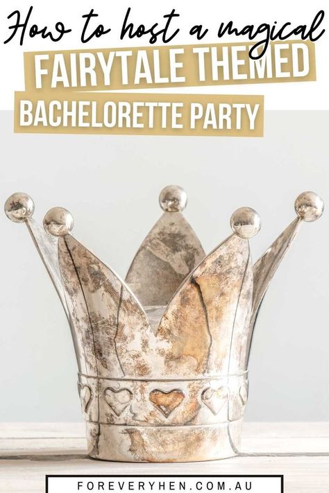 Text: How to host a magical Fairytale themed bachelorette party. Image of a crown with little hearts on it. Bachelorette Party Ideas Disney Theme, Fairy Themed Bachelorette Party, Princess Theme Bachelorette Party, Disney Themed Bachelorette Party Ideas, Happily Ever After Bachelorette Party, Fairytale Bachelorette Party, Disney Bachelorette Party Theme, Book Bachelorette Party, Book Themed Bachelorette Party