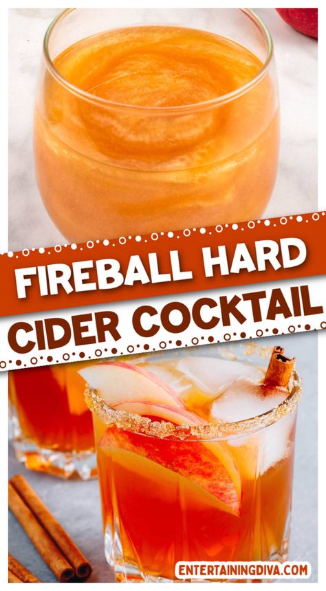 Fireball Hard Cider Cocktail Apple Cider And Fireball Drink, Fireball Apple Cider, Hard Cider Cocktail, Hard Cider Recipe, Cider Cocktail Recipes, Festive Cocktail Recipes, Fruity Alcohol Drinks, Apple Schnapps, Apple Pucker