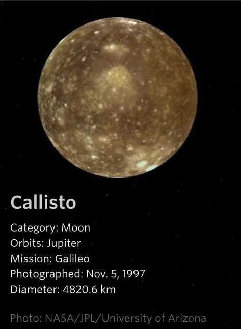 Callisto Moon, Moons Of Jupiter, Moon Orbit, Jupiter Moons, Astronomy Facts, Astronomy Science, Planets And Moons, Space Facts, Nasa Jpl