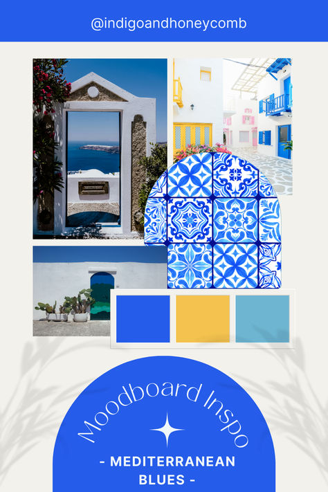 Escape to the stunning shores of the Mediterranean with our latest mood board, Mediterranean Blues! We're celebrating the beauty of ocean and Mediterranean blues, accented with crisp sea air whites, bright summer yellows, and lush greens, evoking the charm of days spent along the Greek or Italian seashore. 💙🇬🇷🇮🇹

📝 Dive deeper into the world of blue with our blog post, "Beyond the Blue: Unveiling Secrets of Blue Color Theory," where we explore blue's rich history. 

#Indigoandhoneycomb Santorini Blue Color Palette, Mykonos Color Palette, Blue Color Theory, Santorini Blue, Paint Color Schemes, Mediterranean Blue, Bathroom Paint Colors, Color Lab, Summer Yellow