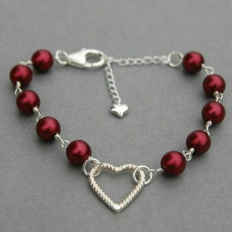 Red Pearl, Homemade Jewelry, Valentines Jewelry, Hand Made Jewelry, Heart Bracelet, Jewelry Patterns, Jewelry Creation, Jewelry Projects, Jewelry Tutorials