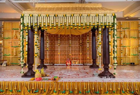 Traditional & Classy south Indian Wedding Mandap Decor with flowers and bells.. Decor @wedbyd.events Follow www.decorsutrablog.com for Ideas about Indian Wedding Decor Email your original pictures to @decorsutrablog@gmail.com to get featured. #wedmegood #weddingsutra #shaadisaga #shaadimagic #weddingz #WeddingInspiration #decoration #weddinginspo #instawedding #weddingflowers #haldiceremony #weddingreception #traditionalwedding #engagementdecor #weddingdetails #indianweddings #shaadi #dreamw Wedding Stage Decoration Ideas, Marriage Hall Decoration, Stage Decoration Ideas, Hindu Wedding Decorations, Indian Wedding Stage, Mandap Design, Reception Stage Decor, Simple Stage Decorations, Wedding Stage Backdrop