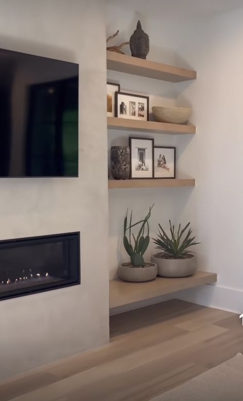 Floating Shelves Living Room Alcove, Nordic Living Room With Fireplace, Living Room Recessed Wall, Recessed Shelves Dining Room, Floating Shelves Alcove, Inside Wall Shelves, Floating Shelves Living Room Fireplace, Floating Shelves Fireplace Surround, Shelf Next To Fireplace