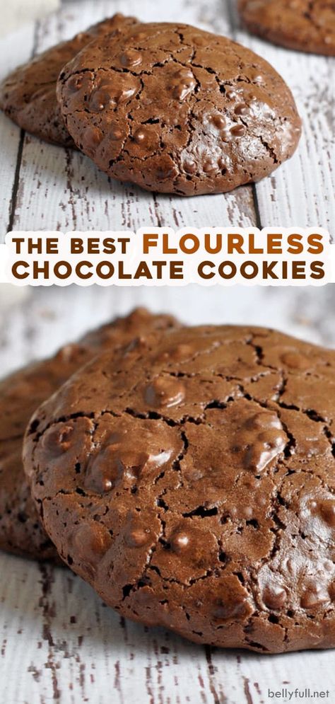 This 5 ingredient recipe for flourless chocolate cookies are like a rich, chewy, fudgy flat brownie. So easy to make and gluten free, but nobody will even miss the flour! Chocolate Fountain Recipe, Tasteful Recipes, Flourless Chocolate Cookies, Cake Breakfast, Cookie Dough Cake, Heavenly Recipes, Flourless Cookies, Chocolate Fountain, Recipe Gluten Free