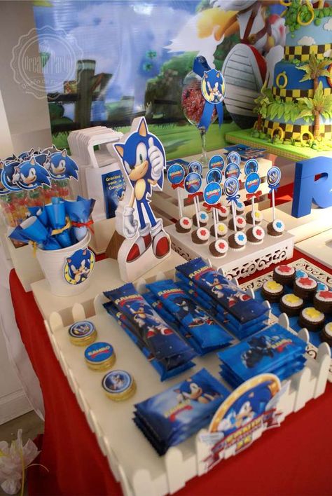 Sonic Birthday Decoration Ideas, Sonic Bday Decorations, Super Sonic Party Ideas, Sonic Treat Table, Sonic Birthday Table Ideas, Sonic Party Treats, Sonic Birthday Party At Park, Knuckles Birthday Party Ideas, Sonic Pool Party Ideas