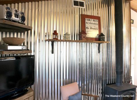 DIY Corrugated Tin Wall Tutorial Galvanized Tin Walls, Wood Stove Hearth, Corrugated Metal Wall, Wainscoting Bedroom, Corrugated Tin, Rustic Basement, Metal Wall Panel, Tin Wall, Tin Walls