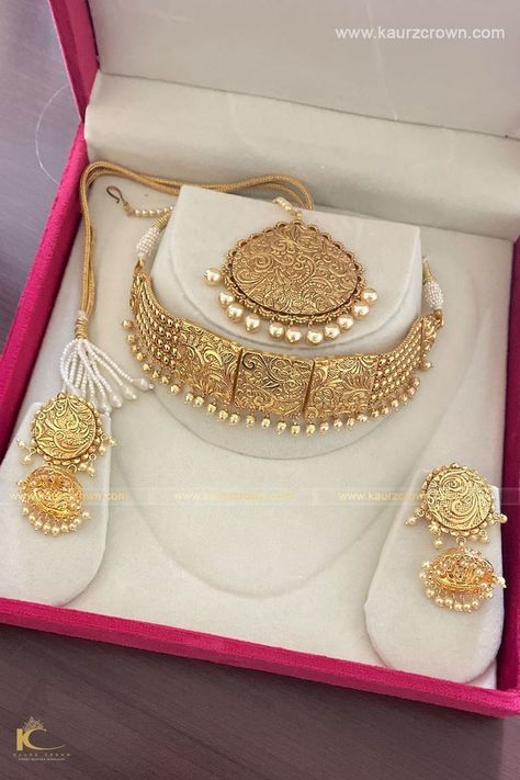 Gold Simple Set Design, Indian Antique Jewellery Gold, Silver Jewellery Gold Plated, Gold Set Chokar Design, Gold Choker Set Designs, Gold Jwellary For Bride, Golden Set Design, Punjabi Gold Jewellery Set Traditional, Chokar Gold Set