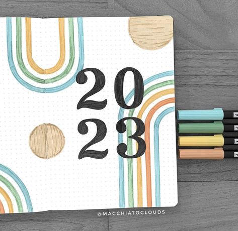 2023 Bujo Cover Ideas, Bujo Yearly Cover Page, Bujo 2024 Ideas, Bujo Year Cover Page, Bujo Year Cover 2023, Year Journal Cover, Bujo Year Cover 2024, Bujo Cover Page Ideas 2024, Journal 2023 Cover