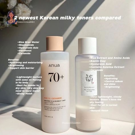 #affiliate AP | sunscreen.addict on Instagram: "Anua Rice 70 + Niacinamide toner and Beauty of Joseon Glow Replenishing Rice Milk toner comparison *Gifted products Have yo… in 2024 | Beauty skin care routine, Toner, Toners Niacinamide Toner, Milk Toner, Milky Toner, Rice Toner, Beauty Of Joseon, Clear Skin Tips, Natural Cleanser, Rice Milk, Diy Skin