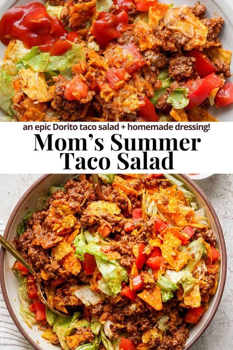 Taco Salad - An epic Taco Salad Recipe that includes Doritos and a homemade tomato-based dressing! Perfect for a hot summer day! #tacosalad #tacosaladrecipe #tacosaladbowls #tacosaladdoritos #tacosaladbar #tacosaladwithdoritos Party Taco Salad, Epic Salad Recipe, Taco Salad Side Dish, Wendy’s Taco Salad, Summer Tacos Recipes, Thousand Island Taco Salad, Taco Salad Western Dressing, The Best Taco Salad, Summer Whole 30 Dinners