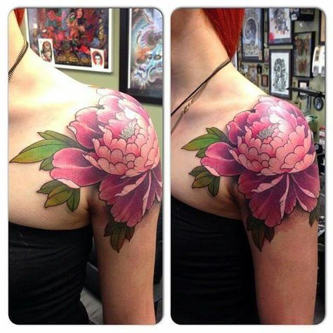 Japanese Peony Tattoo Shoulder, Pink Chrysanthemum Tattoo, Peony Tattoo Shoulder, Pink Peony Tattoo, August Tattoo, Japanese Peony Tattoo, Pink Flower Tattoos, Flower Cover Up Tattoos, Tattoo Planning