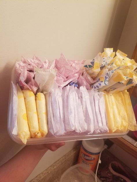 Rectangle container pads in front lined with tampons Pads And Tampons Aesthetic, Period Drawer Organization, Pads And Tampons Organization, Tampon Aesthetic, Period Products Aesthetic, Period Organization, Tampons Aesthetic, Pads Organization, Only Girls Understand