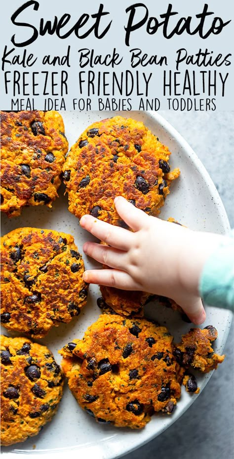 These Sweet Potato, Kale and Black Bean Patties are an easy way to get picky toddlers to LOVE eating vegetables!  This healthy toddler meal idea can be made ahead of time, is freezer friendly, and perfect for baby led weaning.  |  healthy baby food recipes | vegetable recipes for babies and toddlers | 1 year old food ideas Blw Black Bean Recipes, Baby Veggie Patties, Black Bean Rice Balls Baby, Vegetarian Baby Meals, Healthy Meals For One Year Old, Black Beans For Baby, Blw Protein Ideas, Veggie Ideas For Toddlers, Beans For Toddlers