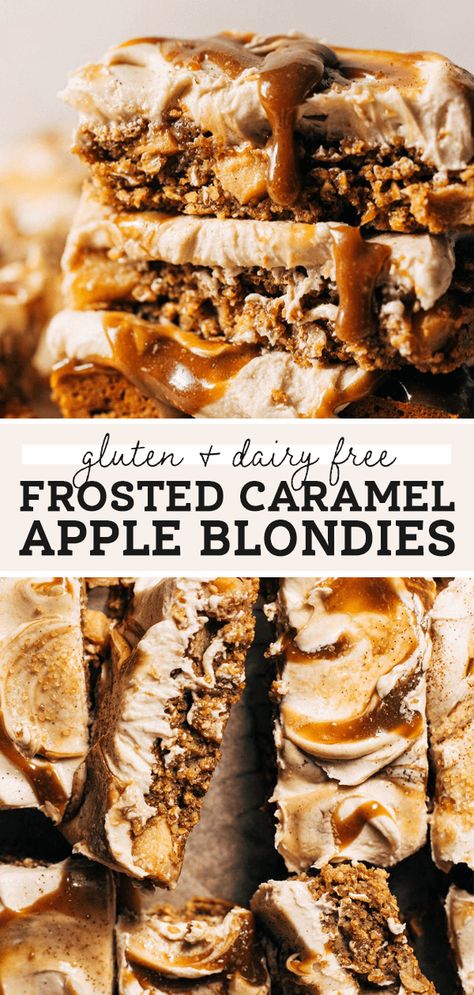 These apple blondies are so dense and moist with a sweet caramel frosting on top! They're baked with tender cinnamon apples and drizzled with a simple 3 ingredient caramel sauce - all completely gluten and dairy free! #appleseason #appleblondies #caramelapple #butternutbakery #glutenfree | butternutbakeryblog.com Gluten Free Apple Blondies, Dairy Free Fall Dessert Recipes, Christmas Dessert Recipes Dairy Free, Caramel Apple Brownies, Fall Desserts Dairy Free, Thanksgiving Dessert Dairy Free, Gluten Free Caramel Desserts, Gluten And Dairy Free Fall Desserts, Gluten Free Dairy Free Fall Desserts