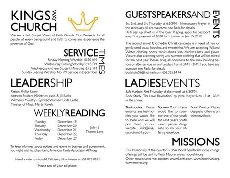 Kings Way Church Bulletin on Behance Church Bulletin Designs, Katie Cooper, Church Announcements, Church Bulletin Covers, Church Bulletins, Bulletin Ideas, Work Notes, Church Outreach, Church Newsletter