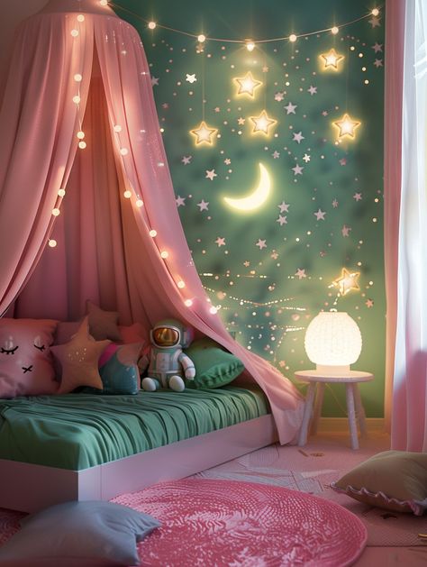 Explore 24 space-themed bedroom ideas for girls that bring the cosmos to life. Perfect for creating a girly space themed bedroom that is unique and exciting. From starry accents to space-inspired furniture, these ideas will make her room a place of wonder. Ideal for girls space themed bedroom ideas that stand out. Toddler Room Lights, Bedroom Ideas For Kids Girls Children, Girly Space Bedroom, Age 5 Girls Bedroom Ideas, Toddler Room Themes Girl, Large Toddler Bedroom Ideas, Bedroom Ideas Stars, Kids Girl Bedroom Ideas, Whimsical Toddler Room