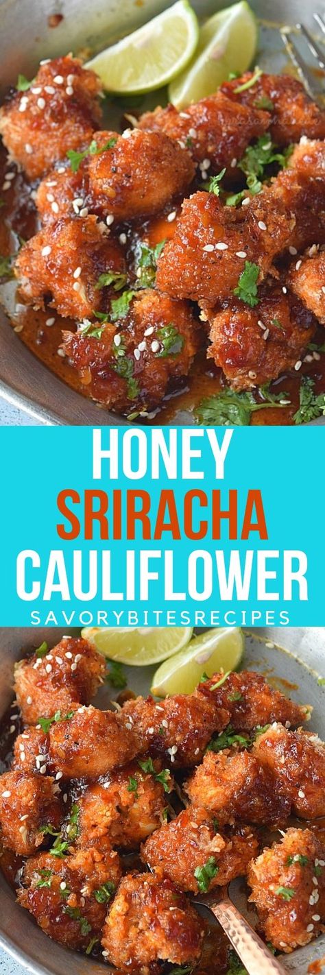 Honey Sriracha Cauliflower #honey #sriracha #cauliflower #appetizers #vegetarian #easyrecipe Sriracha Cauliflower, Appetizers Vegetarian, Mini Meals, Small Bites Appetizers, Vegan Indian Recipes, Spicy Appetizers, Cauliflower Dishes, Cauliflower Wings, Best Vegetarian Recipes