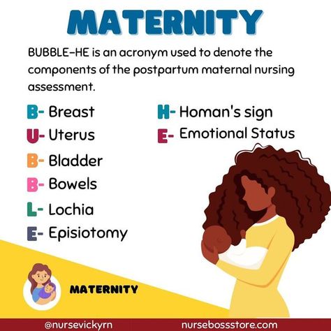 Nurse Educator, RN, MN, PhDN(c) on Instagram: "BUBBLE-HE is a great mnemonic to remember postpartum maternal assessment." Postpartum Assessment Nursing, Homans Sign, Nursing Knowledge, Nurse Notes, Nurse Educator, Nurse Study, Postpartum Nursing, Student Midwife, Nursing Assessment