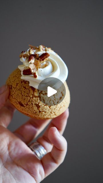 Maddie Brehm on Instagram: "Maple Pecan Choux I love making choux (except for eclairs, but that’s a story for another time) because even though they look fancy, they are actually very approachable to both make and eat! They are also great because they can hold so many layers and textures 🤤 This choux is filled with a bourbon maple pastry cream, maple pecan praline, and topped with a maple mascarpone cream and toasted pecans. For the full tutorial and recipe, check out my YouTube channel! #pasteyvideos #choux #maplepecan" Maple Pastry Cream, Maple Pastry, Profiteroles Recipe, Choux Puff, Choux Cream, Pecan Praline, Mascarpone Cream, Tea Ideas, Pecan Pralines