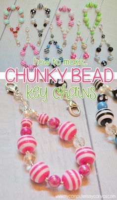 How to make CHUNKY BEAD Key Chain Zipper Pulls - stripes, polka dot, bubblegum beads, gumball beads #fizzypops #mycomputerismycanvas Bracelets With Beads, Lds Printables, Chunky Bead Necklaces, Bubblegum Necklace, Beading Tools, Necklaces And Bracelets, Bubblegum Beads, Beaded Crafts, Bag Charms