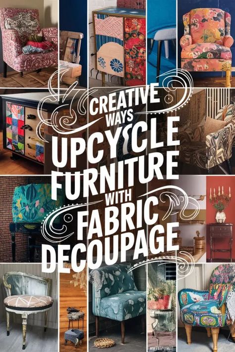 7 Creative Ways to Upcycle Furniture with Fabric Decoupage 2 Decoupage On Leather Chair, How To Decopauge With Fabric, Decoupage Furniture With Fabric, Fabric Decoupage Furniture, Chair Flip Ideas, Decoupage Furniture Ideas Vintage, Decoupage Ideas For Beginners, Upcycle Techniques, Decoupage Table Top Ideas