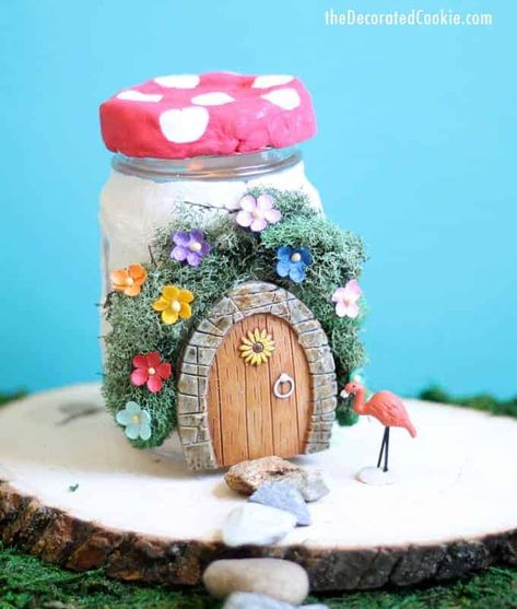 mason jar fairy house -- easy fairy garden craft for kids or adults -- with tea-lights inside -- video how-tos Garden Crafts For Kids, Fairy House Crafts, Clay Fairy, Clay Fairy House, Fairy House Diy, Fairy Garden Crafts, Fairy Furniture, Clay Fairies, Summer Crafts For Kids