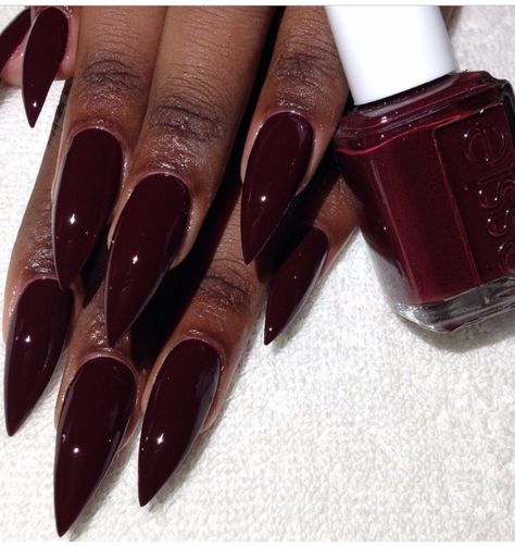 Purplish Red Nails, Burgundy Pointy Nails, Cute Pointy Nails, Red Wine Acrylic Nails, Plum Red Nails, Almond Nails Maroon, Wine Colour Nails, Deep Wine Nails, Deep Nail Colors