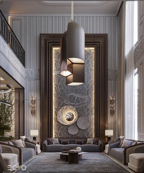 Double Height Wall Design, High Ceiling Living Room Modern, Modern Lobby, Double Height Living Room, Drawing Room Design, Living Room Wall Designs, High Ceiling Living Room, Lobby Interior Design, Dark Living Rooms