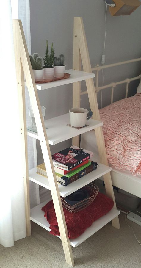 Ladder Nightstand Bedside Tables, Tall Shelves As Bedside Tables, Bookcase Bedside Table, Bookshelf As Bedside Table, Ladder Bedside Table, Bedside Ladder Shelf, Diy Bedside Shelf, Building Furniture Beginner, Tall Bedside Table Ideas