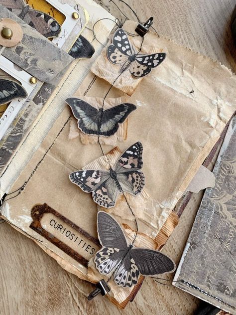 Butterfly Scrapbook Ideas, Scrap Journaling Ideas, Art Collage Ideas Projects, Cricut Junk Journal, What To Put In A Junk Journal, 3d Journal Ideas, Things To Make From Book Pages, Junk Journal Scraps, Art Journals Ideas