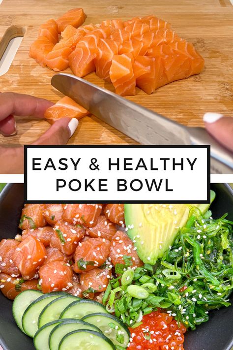 raw salmon hawaiian poke bowl served with ponzu, cucumbers, ikura bright orange salmon fish eggs, seaweed salad, avocado, and green onions Ponzu Salmon, Salmon Poke Bowl Recipe, Hawaiian Poke Bowl, Salmon Poke Bowl, Poke Recipe, Poke Bowl Recipe, Salmon Poke, Raw Salmon, Hawaiian Dishes