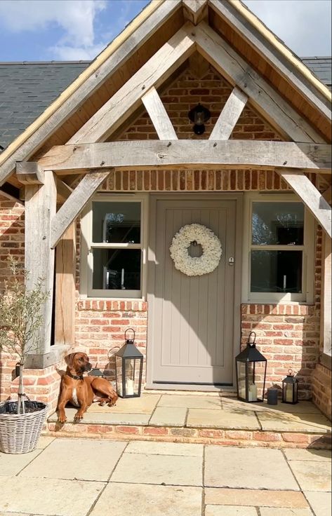 Gorgeous oak porch, with brick detailing. Wooden front door and sash windows Porch Cottage, Window Frame Colours, Barn Conversion Exterior, Oak Porch, Timber Front Door, House Awnings, Exterior House Renovation, Timber Frame Building, Country Modern Home