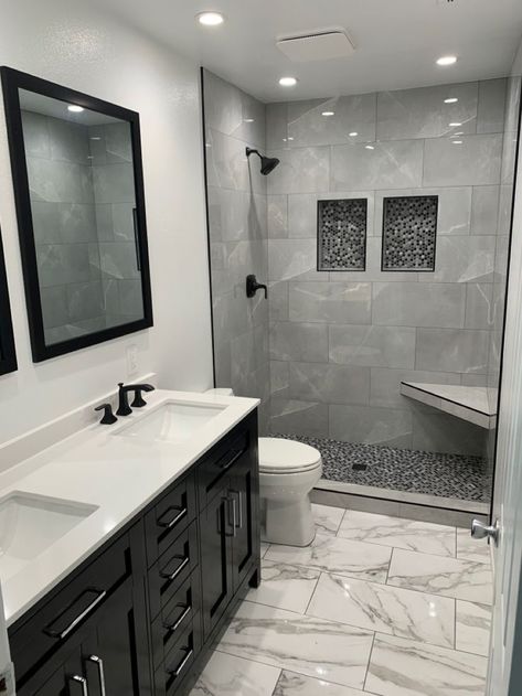 Gray And Black Shower Tile Ideas, Gray Tiled Bathrooms, Black And White Bathroom Remodel Ideas, Black And White Aesthetic Bathroom, Grey Tile Bathroom Ideas Color Schemes, Restroom Color Ideas Paint, Black Gray And White Bathroom, Modern Restroom Ideas, Wetroom Ideas Small Wet Rooms