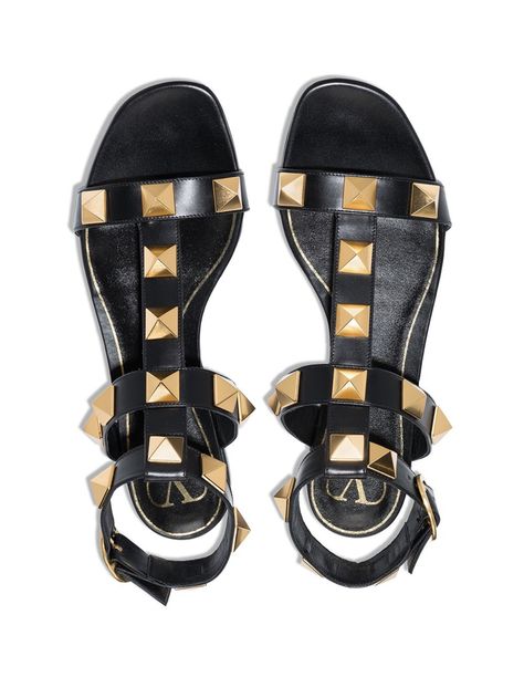 Black Leather Sandals With Gold Studs, Luxury T-strap Sandals With Buckle Closure For Summer, Luxury Leather T-strap Sandals With Buckle, Luxury Summer T-strap Sandals With Buckle Closure, Valentino Studded Sandals, Studded Flats, Ankle Strap Flats, Leather Sandals Flat, Studded Leather