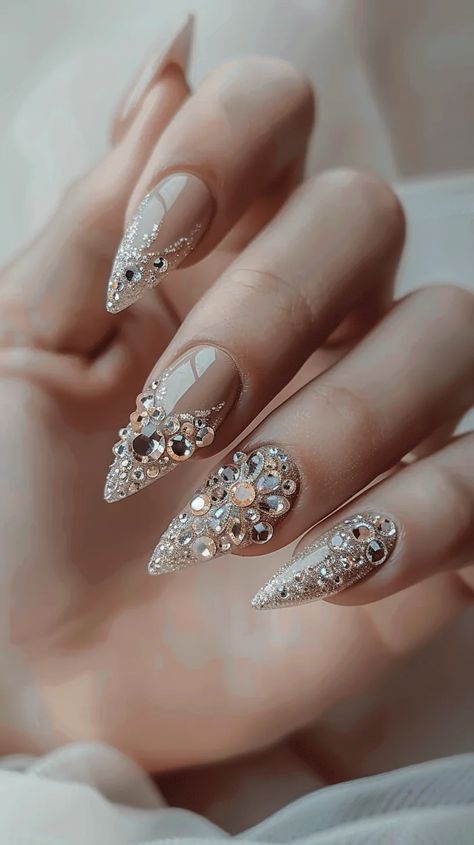 44 Crystal Nails Designs That Will Make You Sparkle and Shine 28 Wedding Nails With Stones, Nail Art Crystals Rhinestones, Swarovski Crystal Nails, Sparkly Nails With Gems, Nail Inspo Rhinestones, Gorgeous Nails Designs, Nails With Stones, Bridal Nail Designs, Trending Nail Art Designs