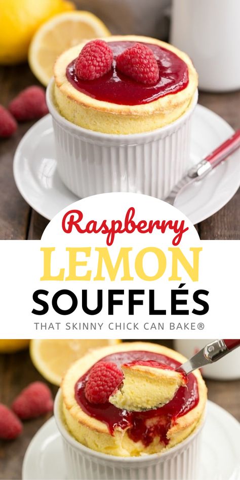 Suffle Recipe Chocolate, Ramekin Desserts, Lemon Souffle, Souffle Recipe, Citrus Desserts, Souffle Recipes, Chocolate Souffle, Single Serve Desserts, Raspberry Sauce