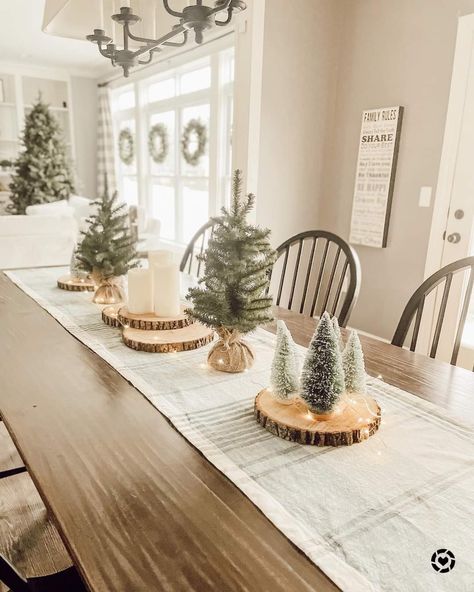 Christmas Table Farmhouse, Christmas Tree Table Decorations Centerpiece Ideas, Winter Dinning Room Table Decorations, Dining Room Mantle Decor, Wood Table Christmas Decor, Neutral Christmas Centerpieces For Table, Xmas Table Centrepiece Ideas, Above Cabinet Decor Kitchen Christmas, Nativity Table Decor