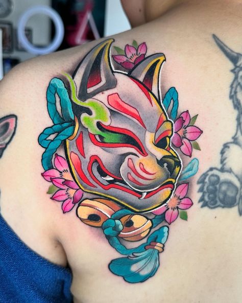 Such a vibrant neo-Japanese kitsune mask by Gazz Tattoos!  Created with #magnumtattoosupplies ❤️  #tattoo #tattooartist #tattoos #tattooart #tattoosupplies #tattooequipment #uktattooartist #uktattooartists #neojapanese #neojapanesetattoo #kitsuine #kitsunetattoo #kitsunemask #kitsunemasktattoo #neotraditional #neotraditionaltattoo #neotrad #neotradtattoo #irezumi #irezumicollective Nine Tails Tattoo, Kitsune Japanese Tattoo, Neo Japanese Tattoo Designs, Japanese Kitsune Mask Tattoo, Neo Traditional Kitsune, Kitsune Mask Tattoo, Kitsune Mask Tattoo Design, Traditional Kitsune Tattoo, Geisha Fox Mask Tattoo