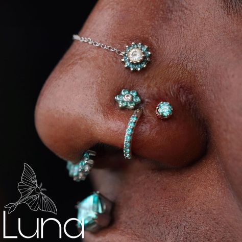 Triple Nostril Piercing, Earring Setup, Stretching Ears, Beautiful Piercings, Different Piercings, Double Nostril Piercing, High Nostril Piercing, Septum Nostril, Double Nose Piercing