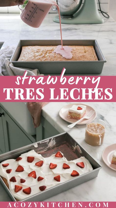 Strawberry Tres Leches is an ideal summertime dessert. Strawberry milk is blended with three milks and then poured over a light and airy sponge cake until it’s all absorbed. The result is a sweet and delicious cake that’s full of flavor. #sheetcakerecipess #summerdessert #strawberryrecipes Tres Leches Lunch Box Cake, Hot Coco Tres Leches, Strawberries Tres Leches Cake, Strawberry Milk Cake Recipe, Tres Leches Filling, Tres Leches Cake Recipe Strawberry, Strawberry Cake Tres Leches, Strawberry Les Tres Cake, 4 Leches Cake