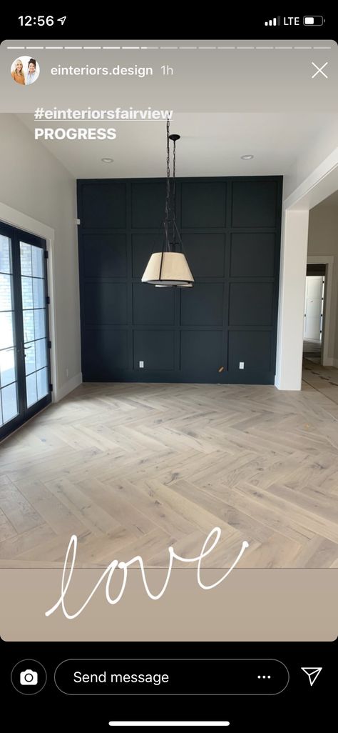 Love this light wood herringbone floor against that stunning black accent wall. posted by einteriors design Light Wood Floors White Walls Black Accents, Living Room With Herringbone Floor, Black Wall Wood Floor, Herringbone Floor Dining Room, Contrast Flooring Ideas, Black Walls Light Wood Floor, Black Walls Light Floors, Light Herringbone Floor, Light Wood Herringbone Floors