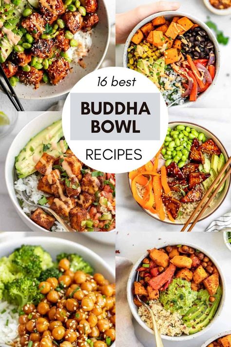 These are the best buddha bowl recipes! These vegan buddha bowl recipes are easy to make, gluten free, healthy and perfect for meal prep. These buddha bowls are loaded with veggies, dressing, quinoa, and chickpeas. Essen, Buddha Bowl Recipes, Vegan Bowl Recipes, Salad Bowl Recipes, Vegetarian Bowls, Buddha Bowls Recipe, Healthy Bowls Recipes, Vegan Buddha Bowl, Healthy Vegetarian Dinner