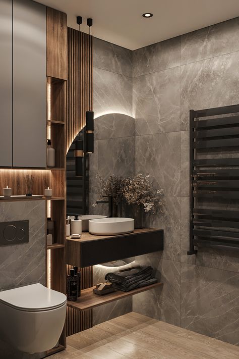 Loft style apartment :: Behance Dark Washroom Design, Half Bathroom Modern Ideas, Small Lux Bathroom Ideas, Dark Colors Bathroom, Bathroom Remodel Moody, Beautiful Home Decor Ideas, Bathroom Dark Design, Clever Bathroom Ideas, Bathroom With Dark Tile Floor