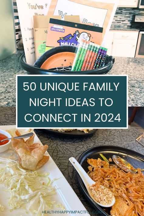 A visual collage featuring family night ideas with takeout food, colorful markers, and a Halloween-themed card, emphasizing connection in 2024. Family Night In Ideas, Friday Night Ideas At Home, Spooky Family Night, Family Night Activities At Home, Family Fun Games At Home, Parents Night Out Ideas, Family Game Night Ideas At Home, Family Get Together Ideas, Family Night Ideas At Home