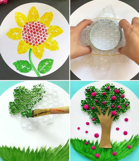 DIY Bubble Wrap Painting Art Hack for Beginners | art of painting, art, Bubble Wrap | Easy Bubble Wrap Painting Technique for Kids :) | By Kids Art & Craft | Facebook | Hello everyone, today we will make a sunflower using bubble wrap and leaves. First take any round structure, put bubble wrap then take a leaf and make petals of the flower then make its stem, its leaves and look a simple yet beautiful sunflower is ready. We are going to make a beautiful tree artwork using bubble wrap. For that fi Bubble Flower Art, Bubble Wrap Flower Painting, Bubble Wrap Crafts For Kids, Bubble Wrap Painting For Kids, Bubble Wrap Activities, Bubble Wrap Painting, Bubble Wrap Crafts, Bubble Wrap Art, Beginners Art