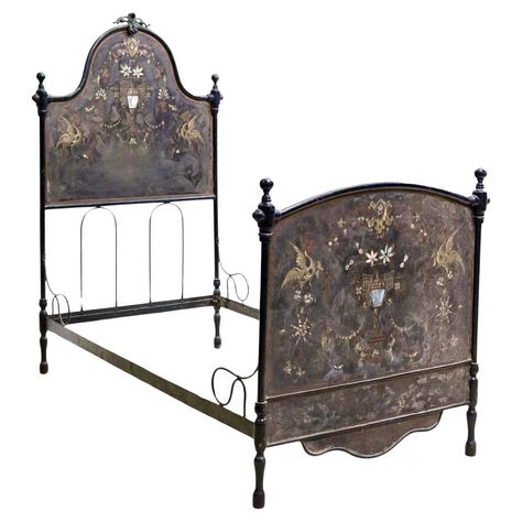 A one of a kind Italian cast iron and tole hand- painted bed from the 19th century, with applied mother-of-pearl accents, Tole painting is a meticulously decorative painting on objects and furniture, with a long history all over Europe specially among Netherlands and Scandinavian countries, including Norwegians, Danes and Swedes. In America the practice began with European inmigrants in New England around the 18th century. The most beloved family objects tend to be high quality utensils or furniture, painted freehand with favorite patterns, colors or flowers, or favorite illustrations or family stories. The perceived value of a tolled utensil increases with its quality as a utensil, the quality of the art, and the personalization, the story and the work. Exterior Dimensions: approx 71.5"He Painting On Objects, Painted Headboard, Antique Iron Beds, Painted Beds, Bedroom Bliss, Neo Victorian, Iron Bed, Family Stories, Tole Painting