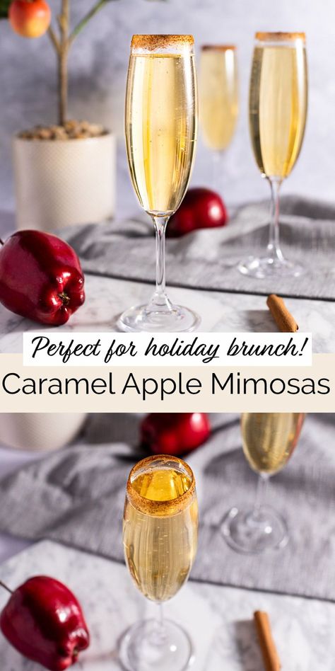 This caramel apple mimosa is the best fall-themed mimosa you’ve ever had. Caramel syrup, apple juice and champagne, served in a glass with a cinnamon brown sugar rim. Make a couple at a time or a large batch for your next holiday brunch. Caramel Apple Cider Mimosas, Caramel Apple Mimosa Recipe, Champagne Mimosa Recipes, Thanksgiving Drink With Champagne, Apple Juice Mimosa, Peppermint Bark Mimosa, Halloween Themed Mimosa, Carmel Apple Mimosas Recipe, Cinnamon Apple Mimosa