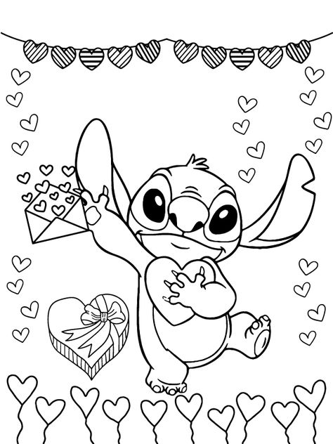 Stitch with Full of Valentine Hearts Coloring Page Stitch Activities For Kids, Stitch Colouring Pages, Stitch Coloring Pages Free Printable, Valentines Stitch, Lilo And Stitch Coloring Pages, Stitch Valentines, Stitch Printable, Stitch Coloring, Stitch Coloring Pages